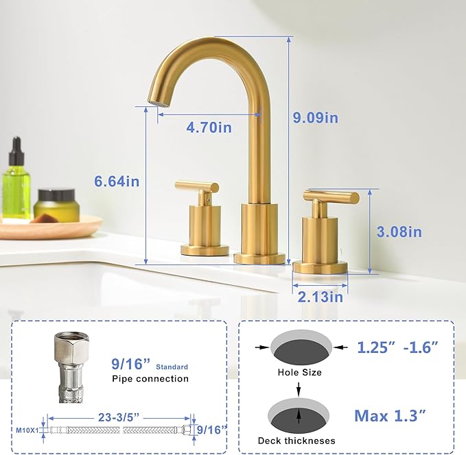 Brushed Gold Bathroom Faucet 3 Hole, 8 Inch Widespread Bathroom Sink Faucets 2 Handle Lavatory Faucet Gold Vanity Faucet with Pop-Up Drain & cUPC Faucet Supply Lines