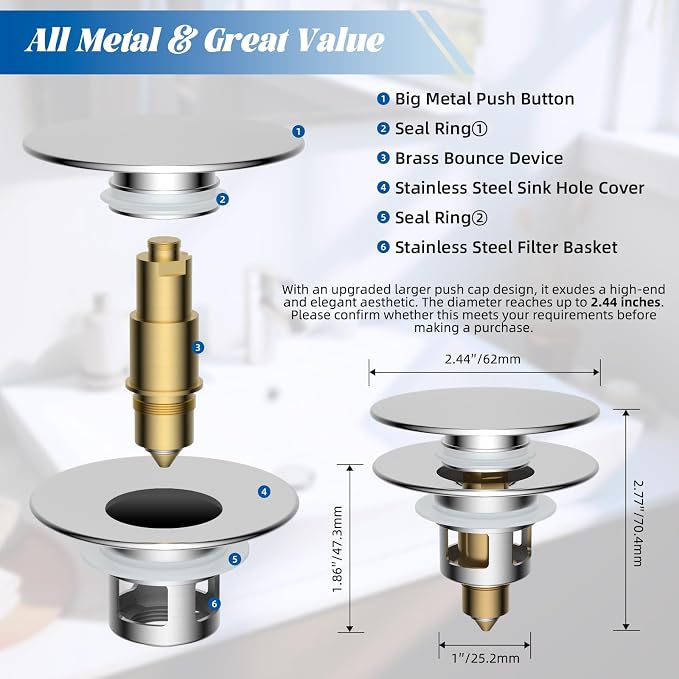 Hibbent All Metal 2 in 1 Bathroom Sink Stopper, Universal Pop Up Drain Strainer, Brass Bullet Core Push Type Sink Stopper for 1.1''~2.3'' Basin, Big Push Button, Anti Clogging Drain Filter, Chrome