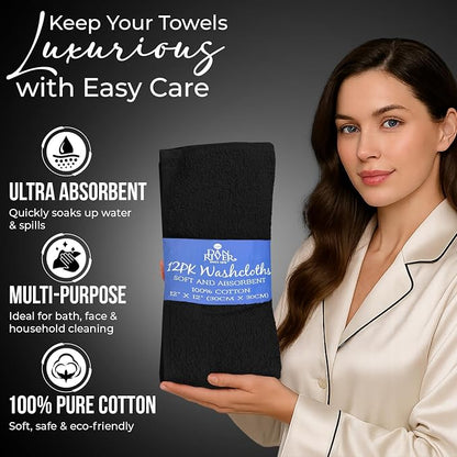 DAN RIVER 12 Pack Cotton Wash Cloths Set for Showering [12x12] Black | Lighter Weight, Quick to Dry, Super Soft & Absorbent Face Towels, Hotel Quality, Perfect for Bathroom, Gym, Spa