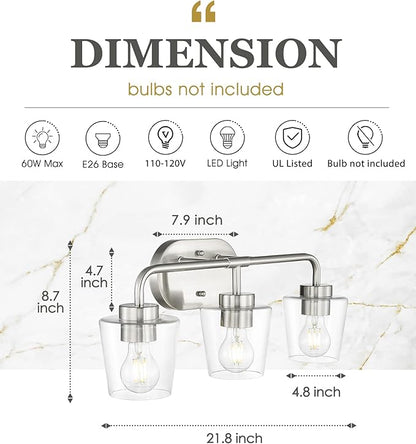 Bathroom Light Fixtures, 3-Light Brushed Nickel Vanity Lights Over Mirror with Clear Glass, Modern Vanity Lighting Fixtures, AD-22004-3W-SN-C