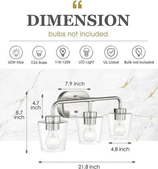 Bathroom Light Fixtures, 3-Light Brushed Nickel Vanity Lights Over Mirror with Clear Glass, Modern Vanity Lighting Fixtures, AD-22004-3W-SN-C