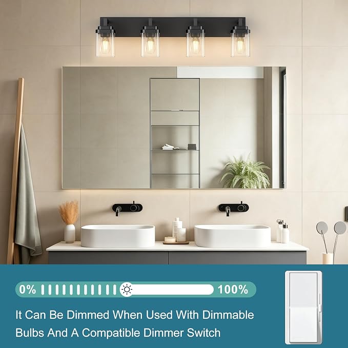 Matte Black Bathroom Light Fixtures, Modern Vanity Lights with Clear Glass Lamp Shade, Bathroom Lighting Fixtures Over Mirror, Restroom Vanity Lighting Fixture, 4-Light 30 Inch