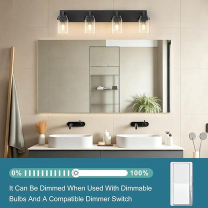 Matte Black Bathroom Light Fixtures, Modern Vanity Lights with Clear Glass Lamp Shade, Bathroom Lighting Fixtures Over Mirror, Restroom Vanity Lighting Fixture, 4-Light 30 Inch