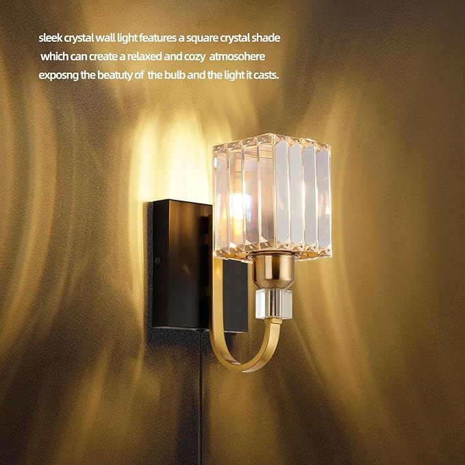 Modern Crystal Wall Sconce with Plug，Black Gold Wall Mounted Light Fixture, Plug-in Vanity Light with On/Off Switch for Bathroom Mirror, Makeup Area, Bedroom Decor