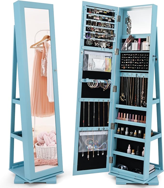 GOFLAME 360° Rotating Jewelry Armoire, Lockable Jewelry Cabinet with Full-Length Mirror & Inner Makeup Mirror, Standing Jewelry Storage Organizer with Rear Storage Shelves, Sky Blue