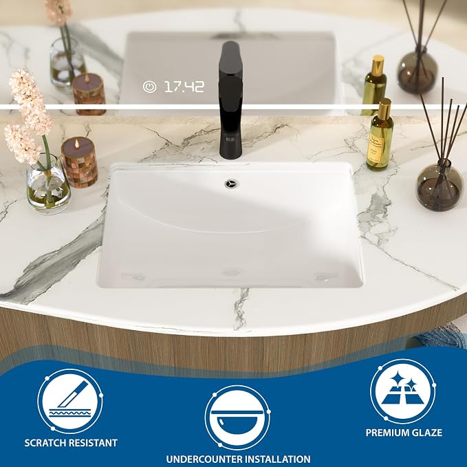 White Undermount Bathroom Sink 21.1"x15.1"Ceramic Basin | Modern Porcelain Under Counter Bathroom Vanity Sink, Interior Bowl 19.2"x 13.1", Rectangular Undermount Basin with Overflow