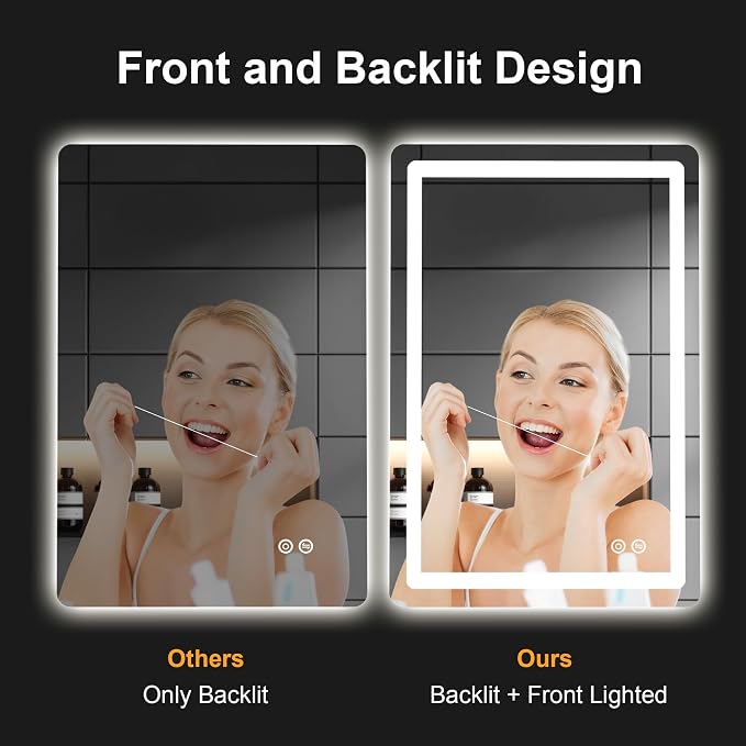 LED Bathroom Vanity Mirror with Lights, 36"x24" Lighted Wall Mirror | Front and Backlit, Anti Fog, Dimmable 3 Color Lighting, Memory Function, Shatterproof Glass, Plug in or Hardwired