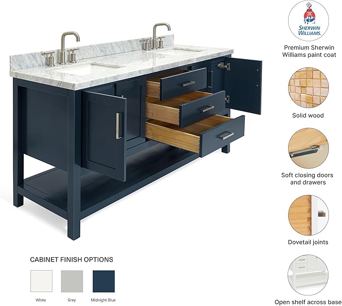 DKB Olivia 72" Midnight Blue Double Bathroom Vanity with Sink, 1.5" Edge Italian Carrara Marble Countertop, Rectangular Undermount Sinks, 4 Soft Closing Doors, 3 Dovetail Drawers
