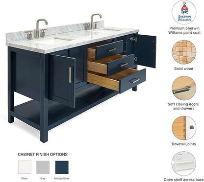 DKB Olivia 72" Midnight Blue Double Bathroom Vanity with Sink, 1.5" Edge Italian Carrara Marble Countertop, Rectangular Undermount Sinks, 4 Soft Closing Doors, 3 Dovetail Drawers