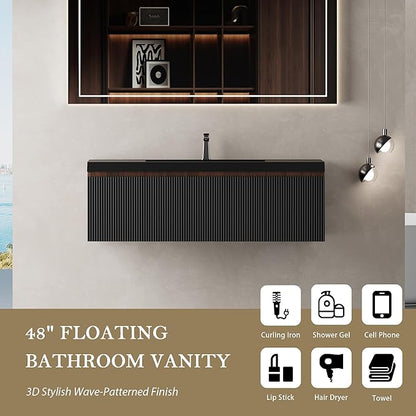 48" Floating Bathroom Vanity Sink Combo, Wall-Mounted Cabinet with Soft-Close Drawer & Black Quartz Sand Basin, Modern，Elegant Smoked Walnut