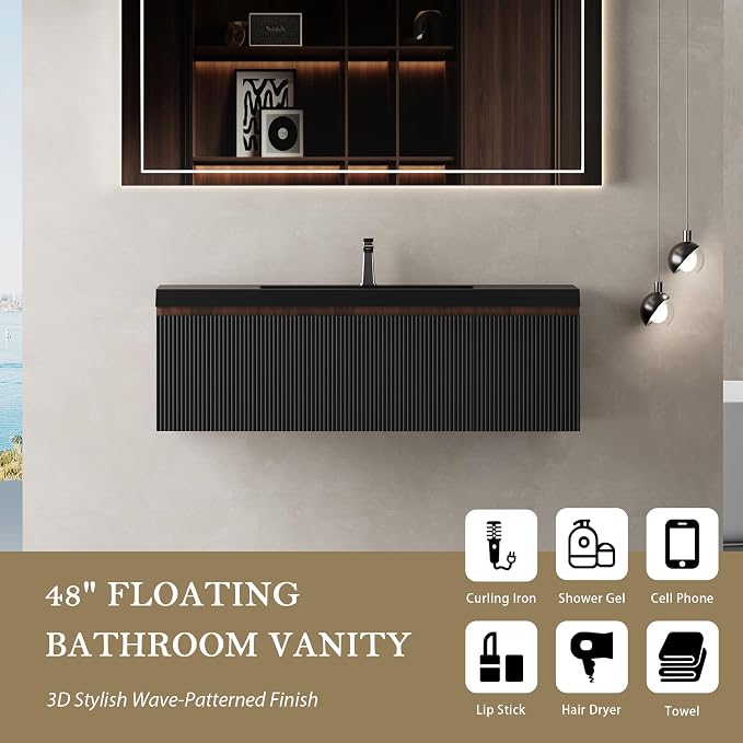48" Floating Bathroom Vanity with Sink, Wall-Mounted Smoked Walnut Storage Cabinet, Wave-Textured Soft-Close Drawer & Matte Black Quartz Sand Basin
