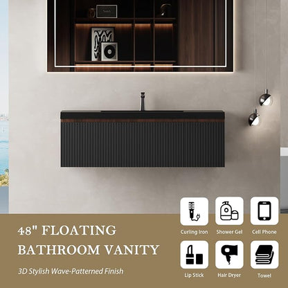 48" Floating Bathroom Vanity with Sink, Wall-Mounted Smoked Walnut Storage Cabinet, Wave-Textured Soft-Close Drawer & Matte Black Quartz Sand Basin
