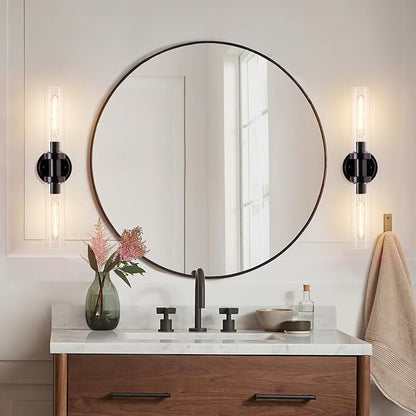 Black Sconces Wall Lighting, Bathroom 2-Light Vanity Light W/Clear Glass Shade, Modern Wall Mounted Lights for Mirror, Makeup Vanity, Kitchen, Washroom, Hallway, E26 T10 Bulbs(Excluded)