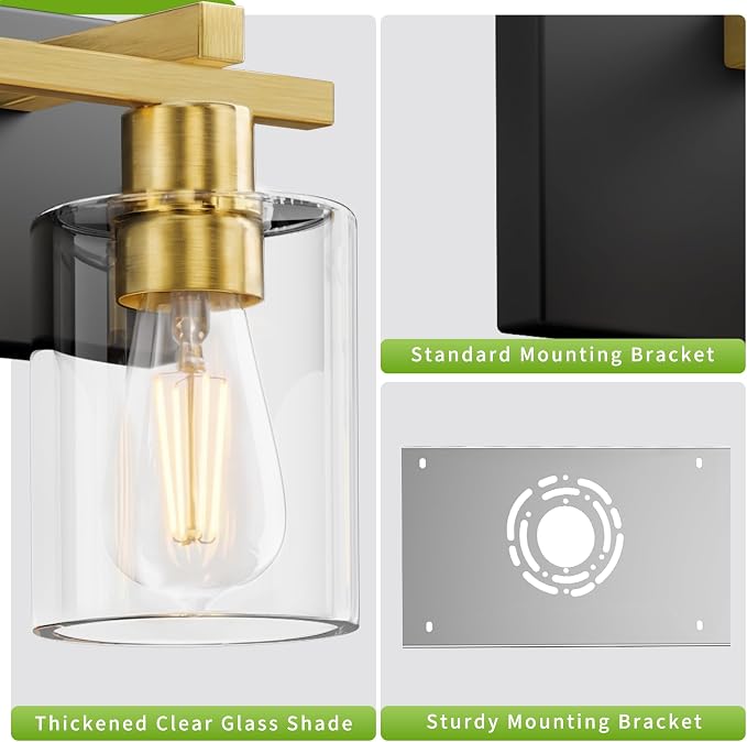 3-Light 21inch Black and Gold Vanity Light, Thickened Clear Glass | Over Mirror for Bathroom, Rust Resistant, E26 Base, Easy Install, Removable Glass Shade Horizontal Mount, Dimmable