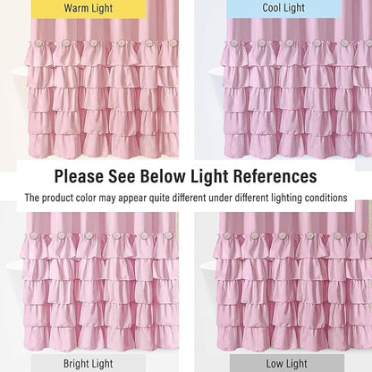 Seasonwood Pink Ruffle Shower Curtain - Girly Cute Button Farmhouse Style Fabric Blush Shower Curtain for Bathroom
