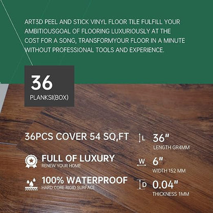 VallisCo Peel and Stick Vinyl Flooring 36 Pack 54 Sq.Ft, Waterproof Vinyl Flooring Peel and Stick for Office, Living Room, Bathroom, Kitchen - Unique Design, Easy to Install Floor, Brown