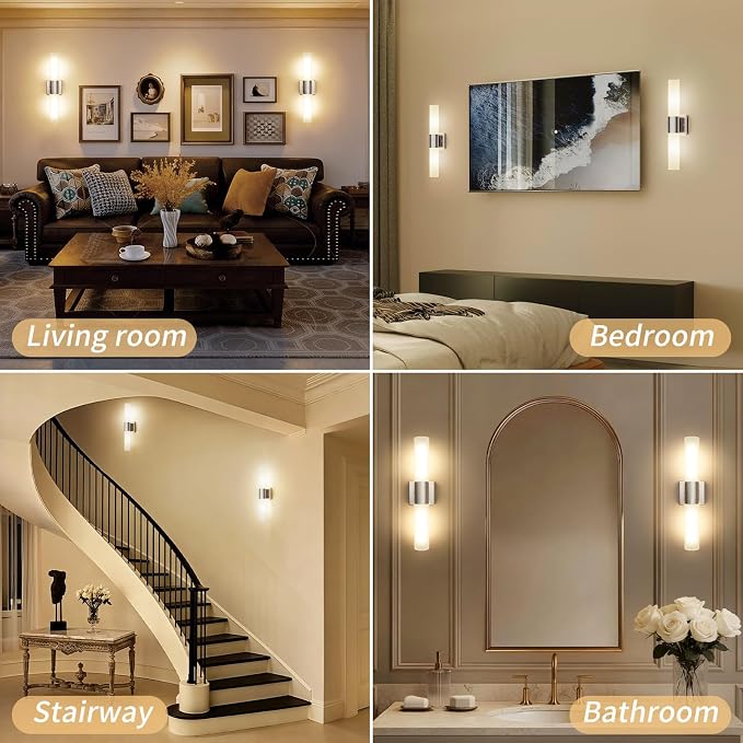 Wall Sconces Set of Two, Modern 21" Vanity, Frosted Glass, Silver | Indoor Wall Light Fixture. For Bathroom, Mirror, Bedroom, Living Room, Hallway. Mounting Hardware Included. Easy To Install.