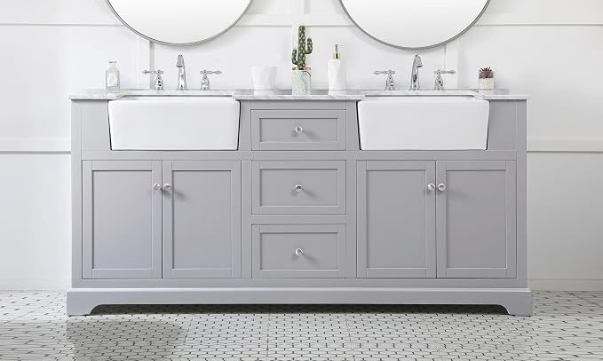 72" Pre-Assembled Bathroom Vanity with Sink, Solid Birch and MDF, Carrara White Marble Countertop Attached, Double Rectangle Porcelain Sink, 3 Soft-Close Drawers, Grey