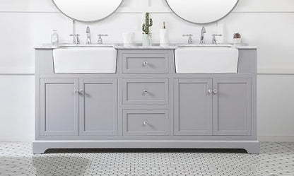 72" Pre-Assembled Bathroom Vanity with Sink, Solid Birch and MDF, Carrara White Marble Countertop Attached, Double Rectangle Porcelain Sink, 3 Soft-Close Drawers, Grey