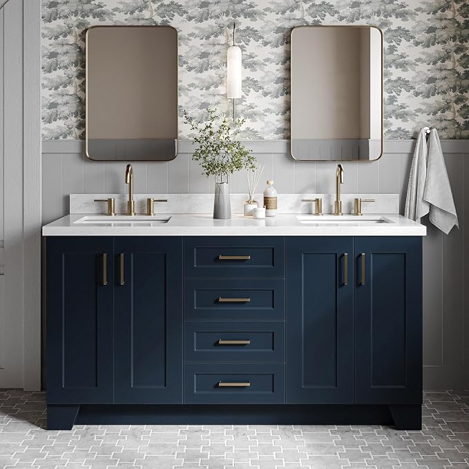 Emilia 66" Midnight Blue Double Bathroom Vanity with Sink, 1.5" Edge Italian Carrara Marble Countertop, Rectangular Sinks, 4 Soft Close Doors, 6 Dovetail Drawers