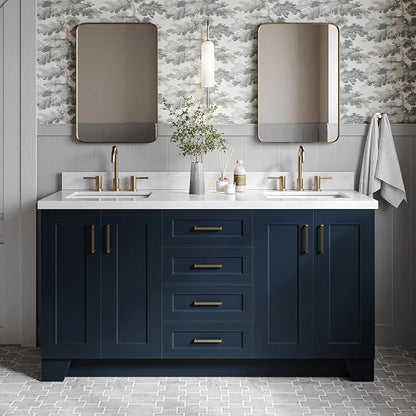 Emilia 66" Midnight Blue Double Bathroom Vanity with Sink, 1.5" Edge Italian Carrara Marble Countertop, Rectangular Sinks, 4 Soft Close Doors, 6 Dovetail Drawers