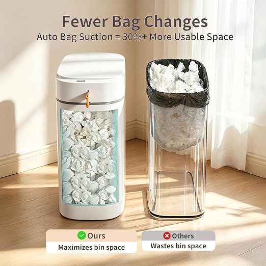 Touchless Bathroom Trash Can, 3.5 Gallon Small Slim Motion Sensor Automatic Garbage Bin with Lid, Rechargeable with Auto Bag Adsorption & One-Pull Sealing Trash Bin for Kitchen, Bedroom Office RV