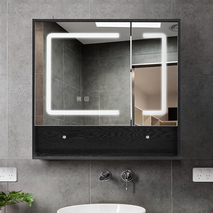 ALIMORDEN Medicine Cabinet with Light, Bathroom Wall Cabinet with Defogger Mirror & LED Lights, 2 Doors Wall Mounted Bathroom Mirror, Recessed or Surface Mount, Morden Black(Cubic 30.4 x 29.5), Small