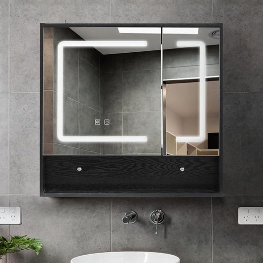 ALIMORDEN Medicine Cabinet with Light, Bathroom Wall Cabinet with Defogger Mirror & LED Lights, 2 Doors Wall Mounted Bathroom Mirror, Recessed or Surface Mount, Morden Black(Cubic 30.4 x 29.5), Small