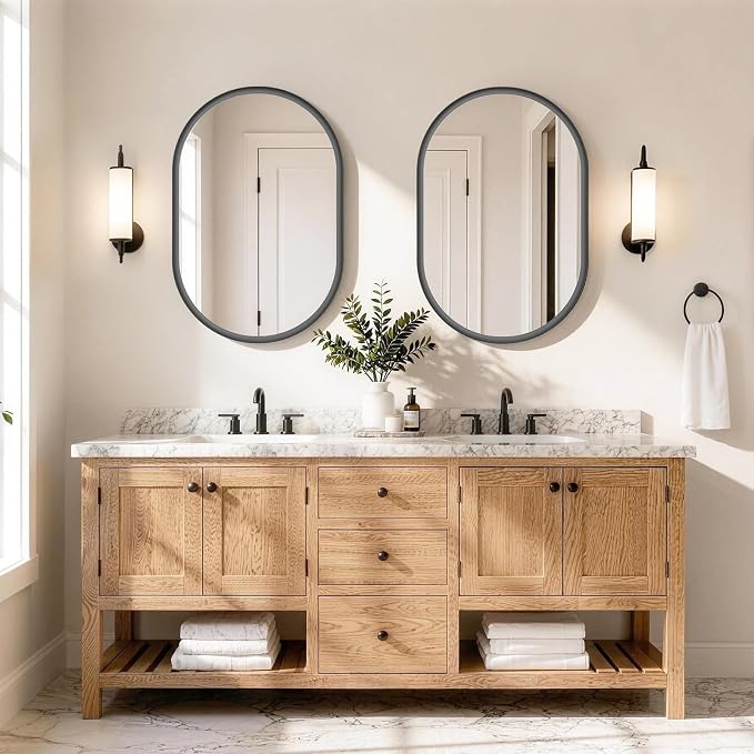 Black Pill Oval Mirror for Bathroom 24x36 Inch | Small Vanity Mirror, Crystal-Clear HD Glass, Rust-Proof Aluminum Frame, Inner-Curved Decor for Bedroom, Entryway Renovation