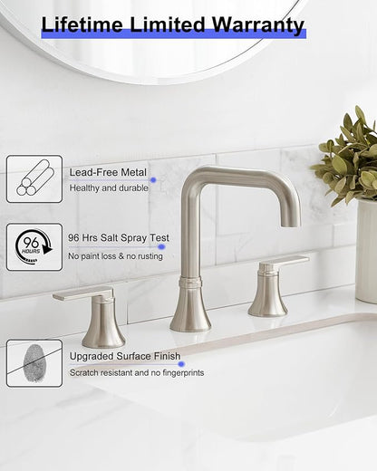 Brushed Nickel 8 Inch Widespread Bathroom Faucet, 360 Degree Swivel Bathroom Sink Faucet 3 Hole, 2 Handles with Pop-Up Drain & Water Hoses for Lavatory Vanity