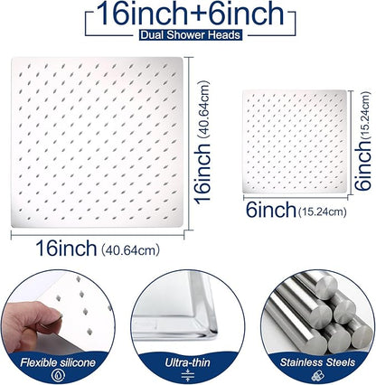 Thermostatic Shower System Dual Shower Heads with 16" Ceiling Mounted Rain Shower Head & 6" Wall Mounted Head 4 Function Full Body Shower System with body jets Can All Run Together, Chrome