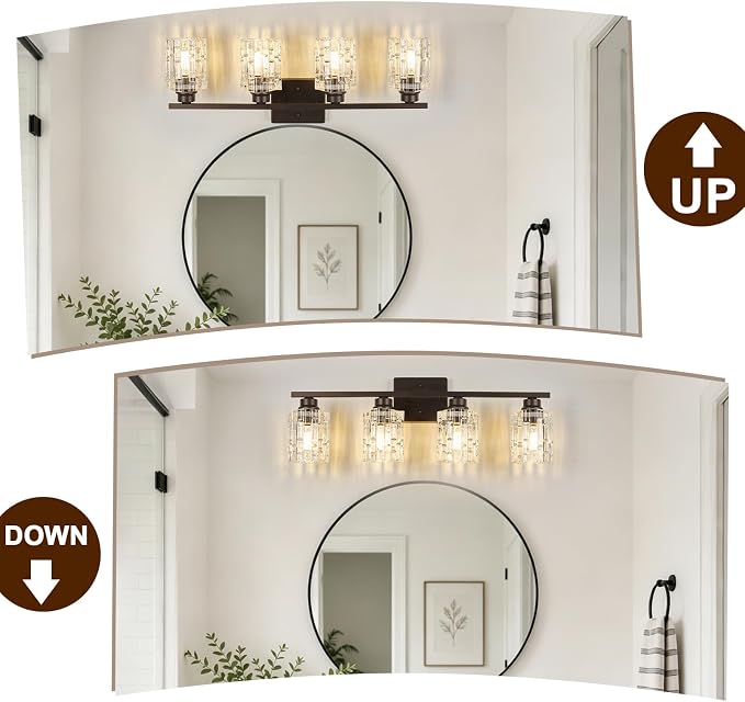 Refice 4-Light Bathroom Vanity Lights Crystal Glass, Oil Rubbed Bronze | Bathroom Light Fixtures Vanity Lighting Over Mirror for Living Room Farmhouse, Hallway