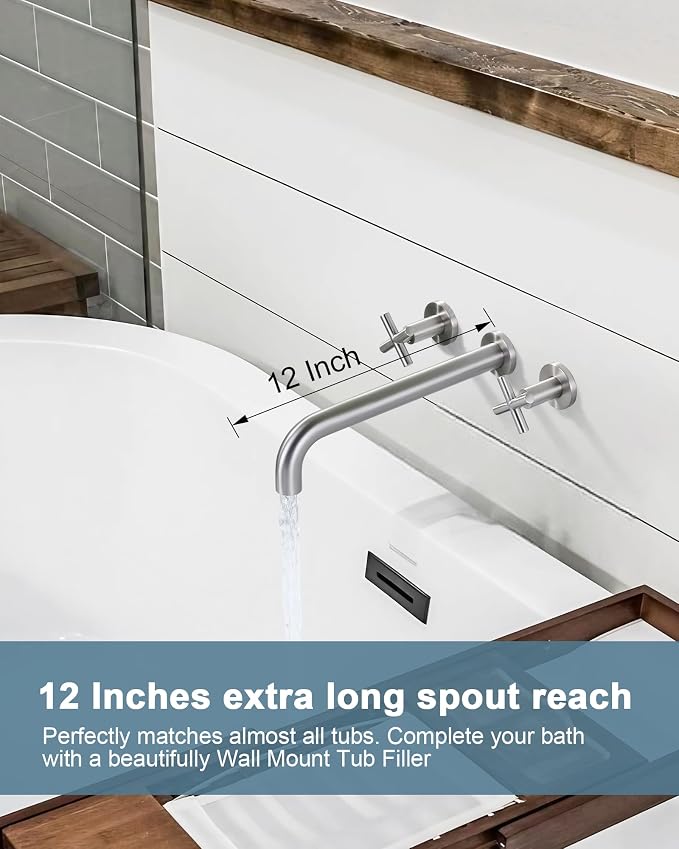 ARCORA Wall Mount Tub Filler Brushed Nickel Bathtub Faucet Long Spout Reach 2 Cross Handles Tub Faucet with Brass Rough in Valve Included