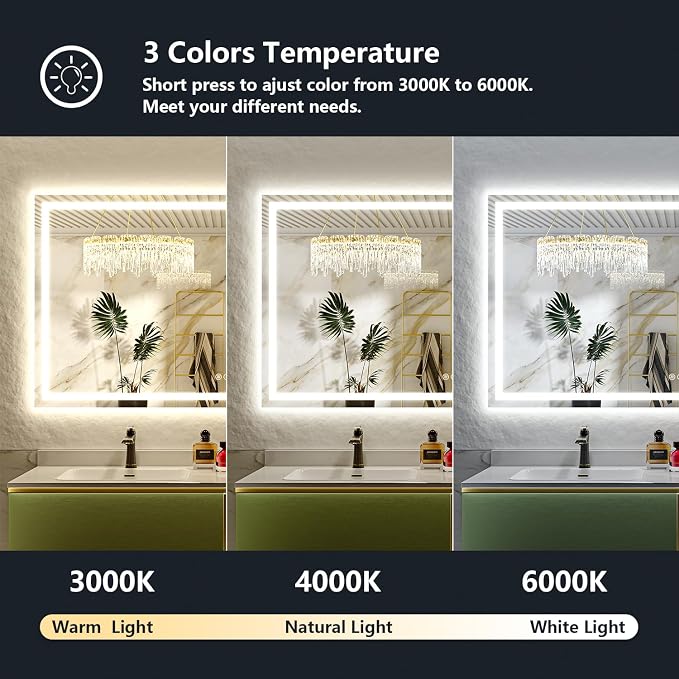 66x48 LED Bathroom Mirror with Lights, Lighted Vanity Mirror | Backlit and Front Light, Anti-Fog, 3 Color Dimmable, Memory, Tempered Glass, IP54 Waterproof, UL Listed