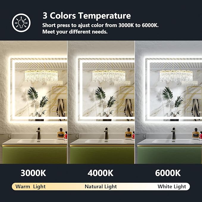 84x32 LED Bathroom Mirror with Lights, Lighted Vanity Mirror | Backlit and Front Light, Anti-Fog, 3 Color Dimmable, Memory, Tempered Glass, IP54 Waterproof, UL Listed