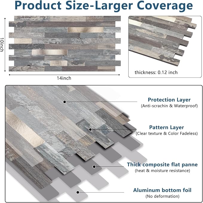 Yipscazo 20 Sheets Peel and Stick Stone Metal Backsplash, PVC Wall Tiles Stick on Tiles for Backsplash Kitchen, Bathroom, Fireplace (6'' X 12'', Ecru Rustic)