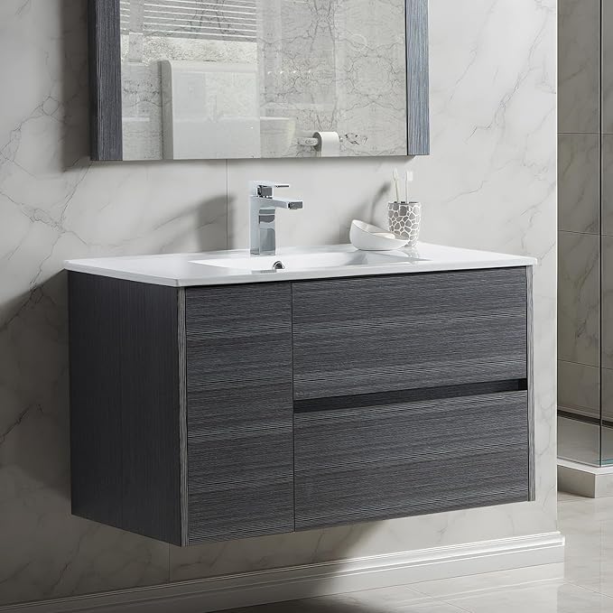 Blossom 36 Inch Bathroom Vanity with Sink - All Wood Floating Vanity Cabinet with Ceramic Sink - 2 Soft-Closing U-Shaped Cutout Drawers - Modern Bathroom Storage Vanities, Silver Grey Finish