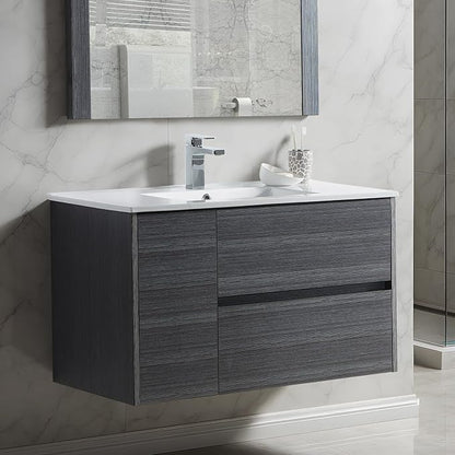 Blossom 36 Inch Bathroom Vanity with Sink - All Wood Floating Vanity Cabinet with Ceramic Sink - 2 Soft-Closing U-Shaped Cutout Drawers - Modern Bathroom Storage Vanities, Silver Grey Finish