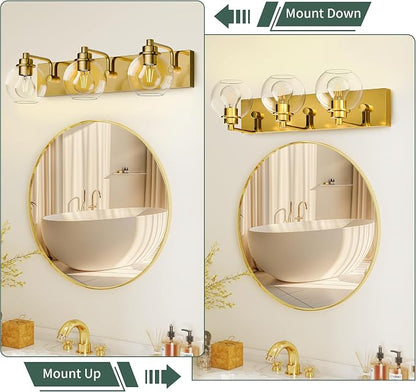 3 Light Bathroom Light Fixtures-Brushed Gold Bathroom Vanity Lights, Modern Vanity Lights 3-Light Bathroom Lighting Fixtures Over Mirror with Clear Glass Globe Shade