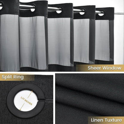 WONICY Stall No Hook Shower Curtain with Liner, Black, 54 x 80 Inch | Ringless, Waterproof & Washable, Hotel Style, Mesh Top Window, Bottom Magnets, Thick, Farmhouse, for Bathroom