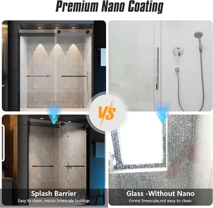 Shower Door Double Sliding Semi-Frameless Shower Door 56-60" W × 78" H Sliding Shower Door, 3/8" (10mm) Thick Tempered Clear Glass with Explosion-Proof Film, Bathroom Glass Door, Matte Black