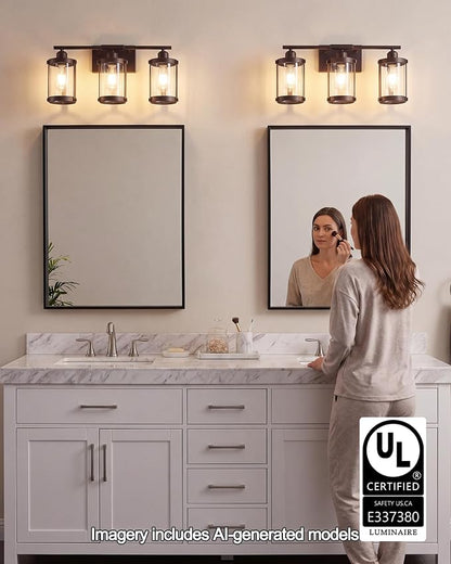 3-Light Oil Rubbed Bronze Bathroom Light Fixtures Over Mirror with Clear Glass and Metal Cage Shade, 21" UL-Listed Modern Farmhouse Wall Sconce for Bath, Hardwire E26, OS-3014ORB-3W