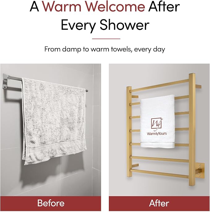 WarmlyYours Tahoe Heated Towel Rack, 7 Bars, Brushed Gold | Hardwired 120V heated towel rack for spa-like bathroom comfort, 427 BTU/hr, energy-efficient towel drying