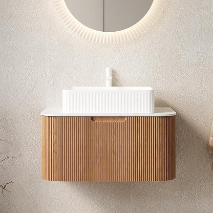 30'' Bathroom Vanities Cabinet with Sink , Wall Mounted Floating Cabinet W/Curved Edges Stripes, Oak Plywood, Soft-close System with a Drawer, White Rectangular Ceramic Basin - Kiel, Natural Wood/W