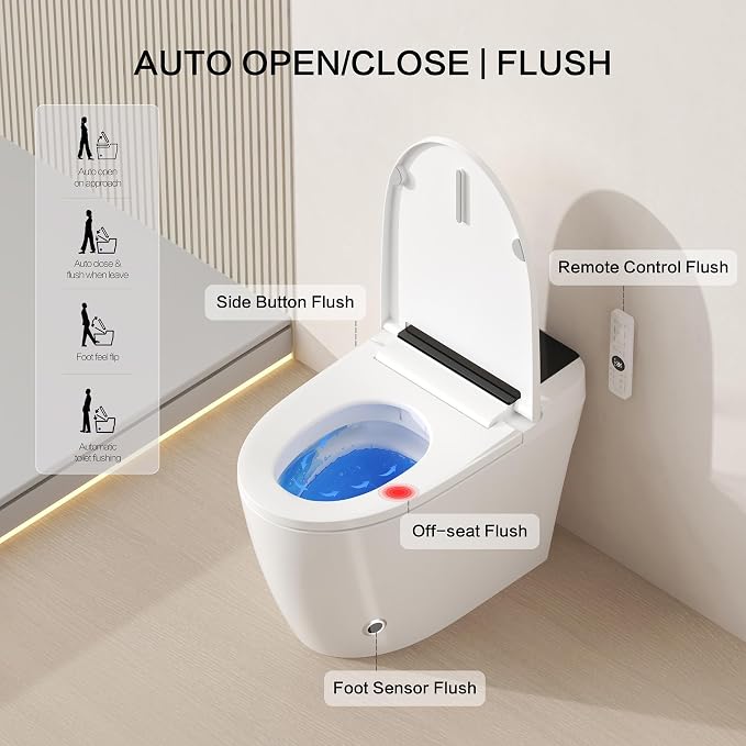 Smart Toilet with Bidet Built-In and Tank – Foam Shield, Heated Seat, Dual Flush, Warm Water & Dryer, Mutiple Clean Modes, Foot Sensor, Night Light, and Wireless Remote Control