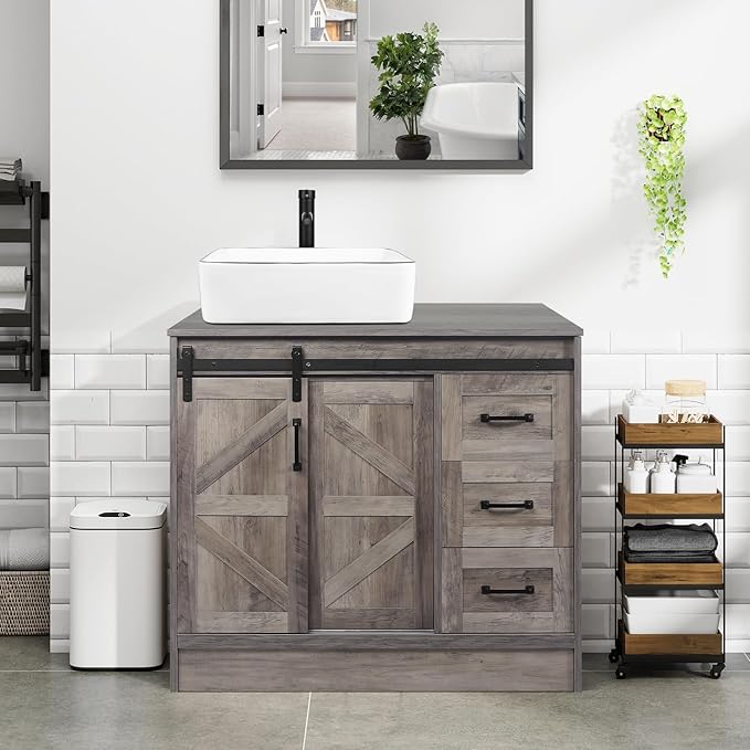36-Inch Barn Door Bathroom Vanity, Farmhouse Style Standing Cabinet Without Sink