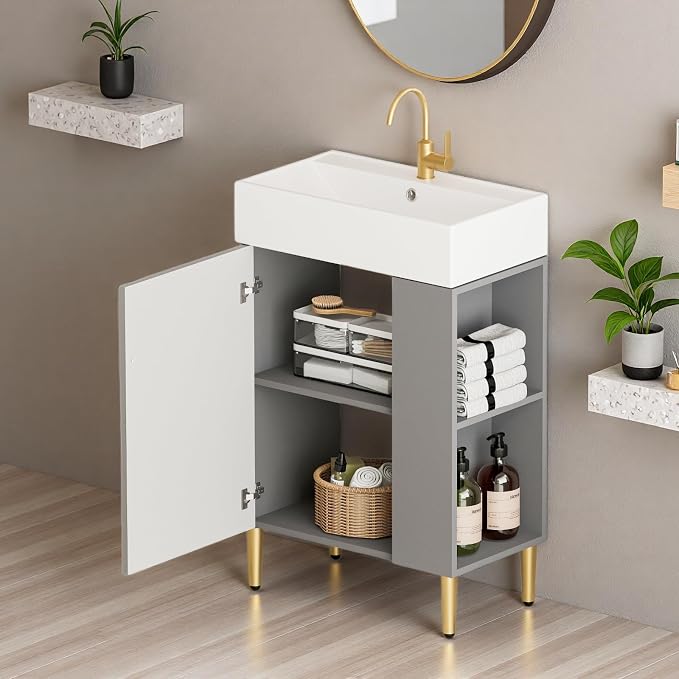 21.6" Freestanding Bathroom Vanity with Ceramic Sink, Matte Gray | Ceramic Sink, Wave-Pattern Door & Two-Layer Right Open Compartment, Bathroom Storage Cabinet, Easy Installation