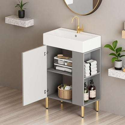 21.6" Freestanding Bathroom Vanity with Ceramic Sink, Matte Gray | Ceramic Sink, Wave-Pattern Door & Two-Layer Right Open Compartment, Bathroom Storage Cabinet, Easy Installation