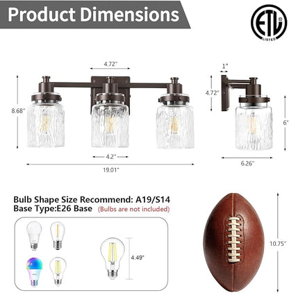 3 Light Bathroom Vanity Light Fixtures Farmhouse Oil Rubbed Bronze | ETL Certificate, Easy to Install,Wall Mount Up or Down,Hammered Glass Lampshade,E26 Socket,Hardwired,120V