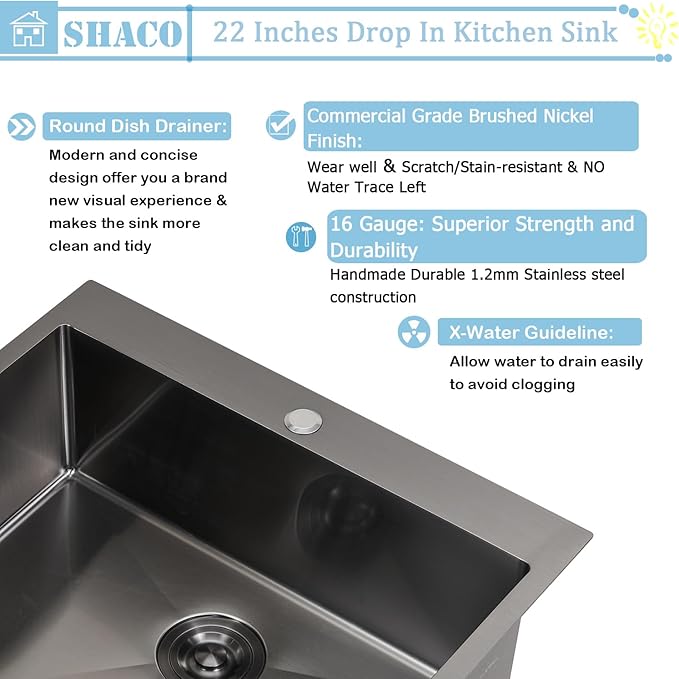 22x18 Inch Black Drop In Kitchen Sink, 22 Inch Gunmetal Black Outdoor Bar Sink, 16 Gauge Stainless Steel Single Bowl Small Kitchen Sink with Strainer Drain